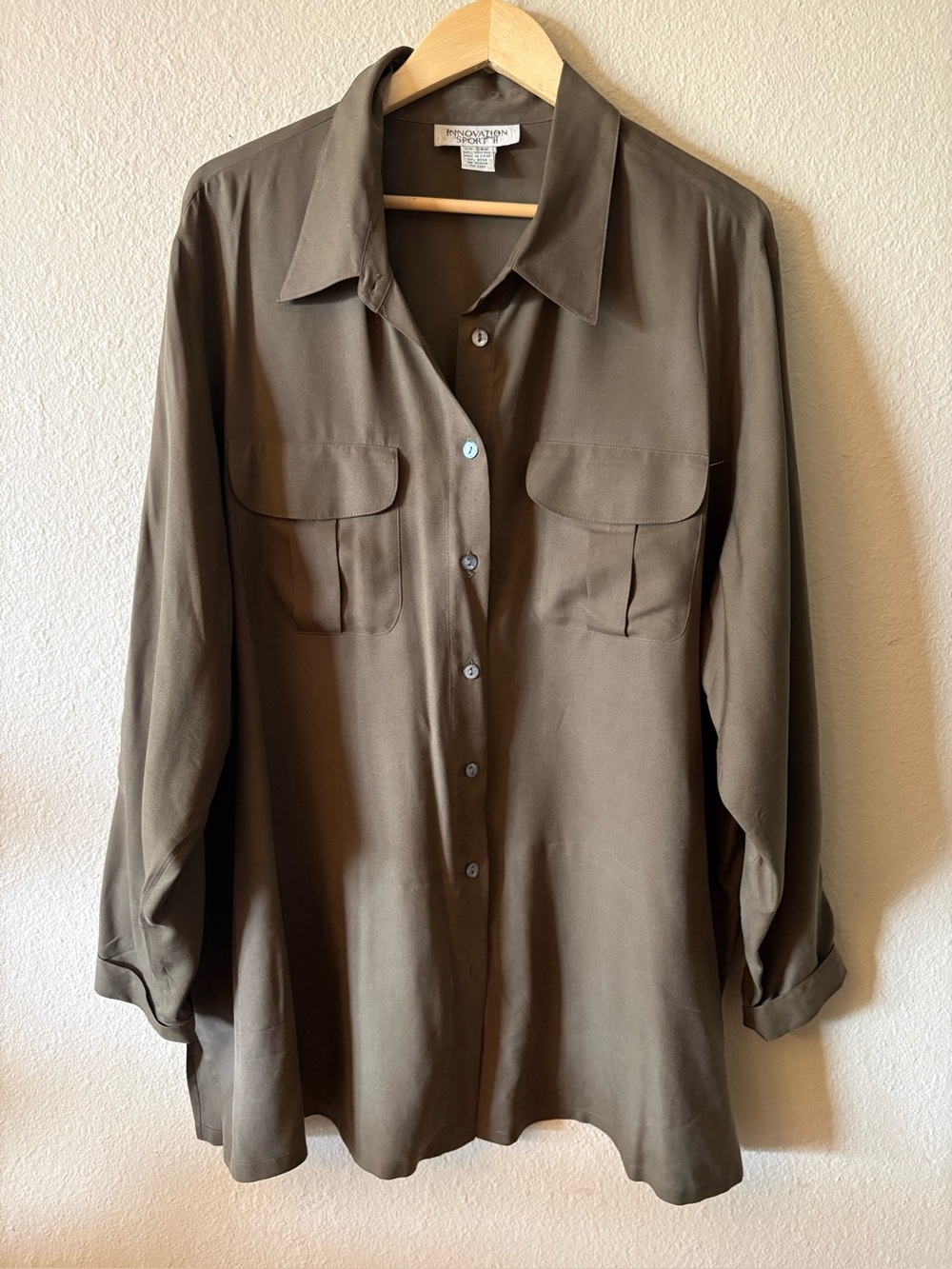 100% Silk Olive Button Up Blouse Plus Size 24W Innovations Sport II - Picture 9 of 9